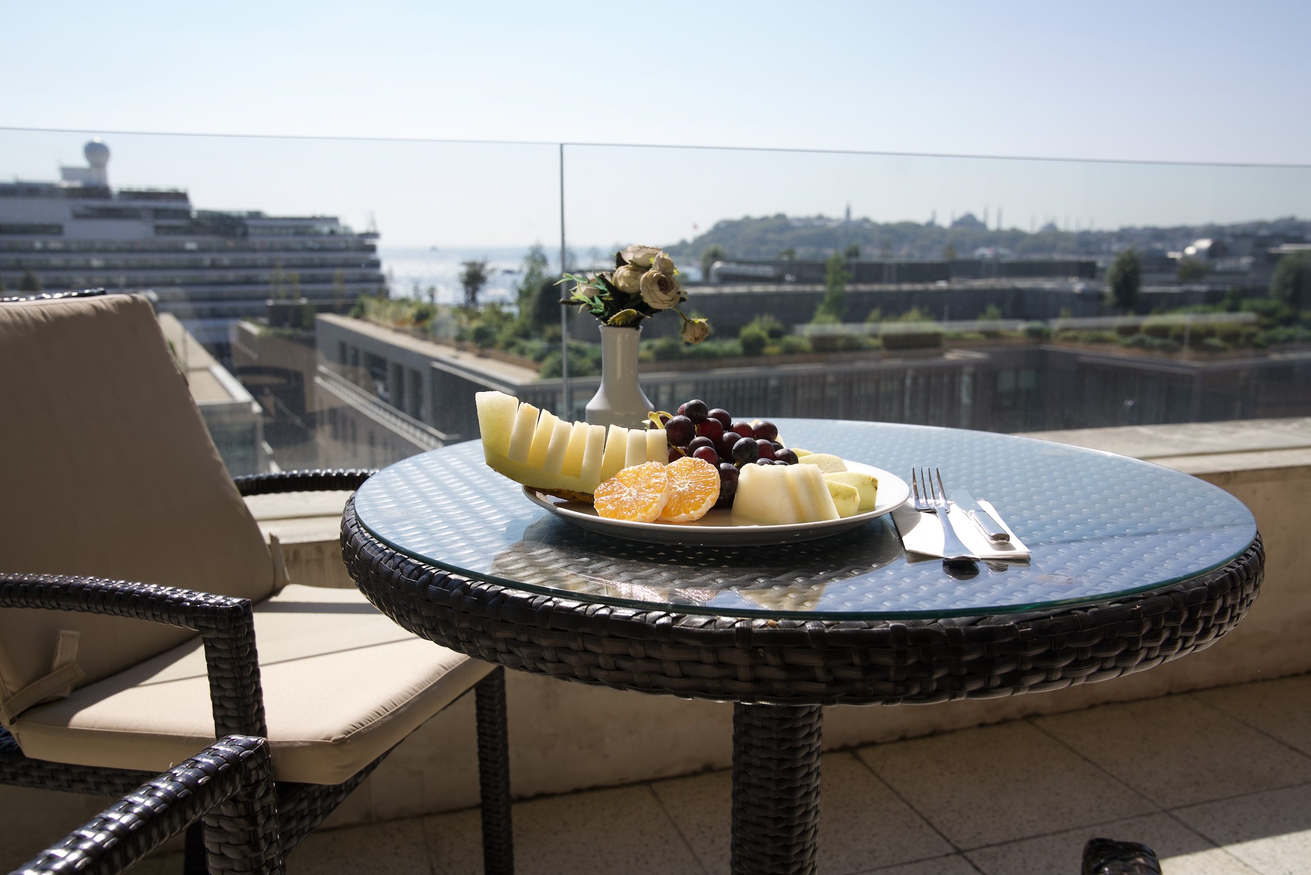 Fruit plate on the terrace, Galataport and the Historic Peninsula behind