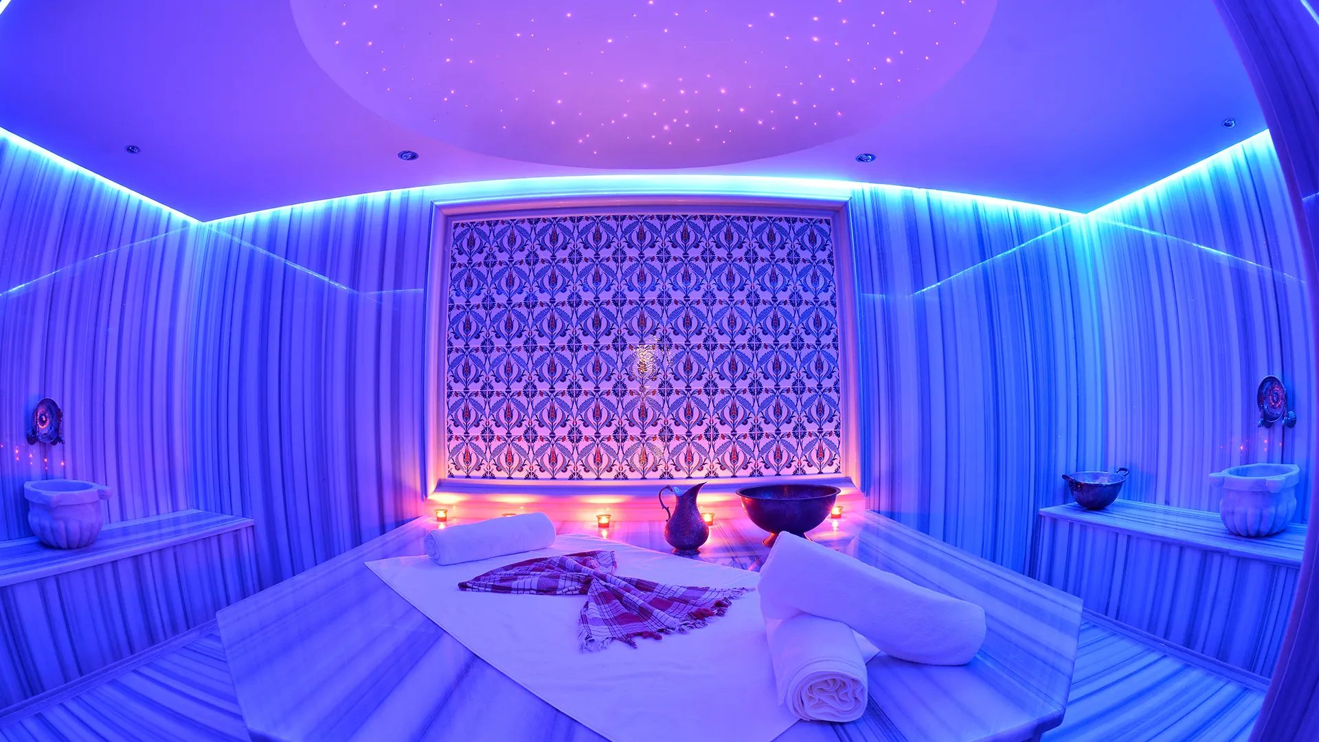 Turkish bath: heated marble stone and tile panel