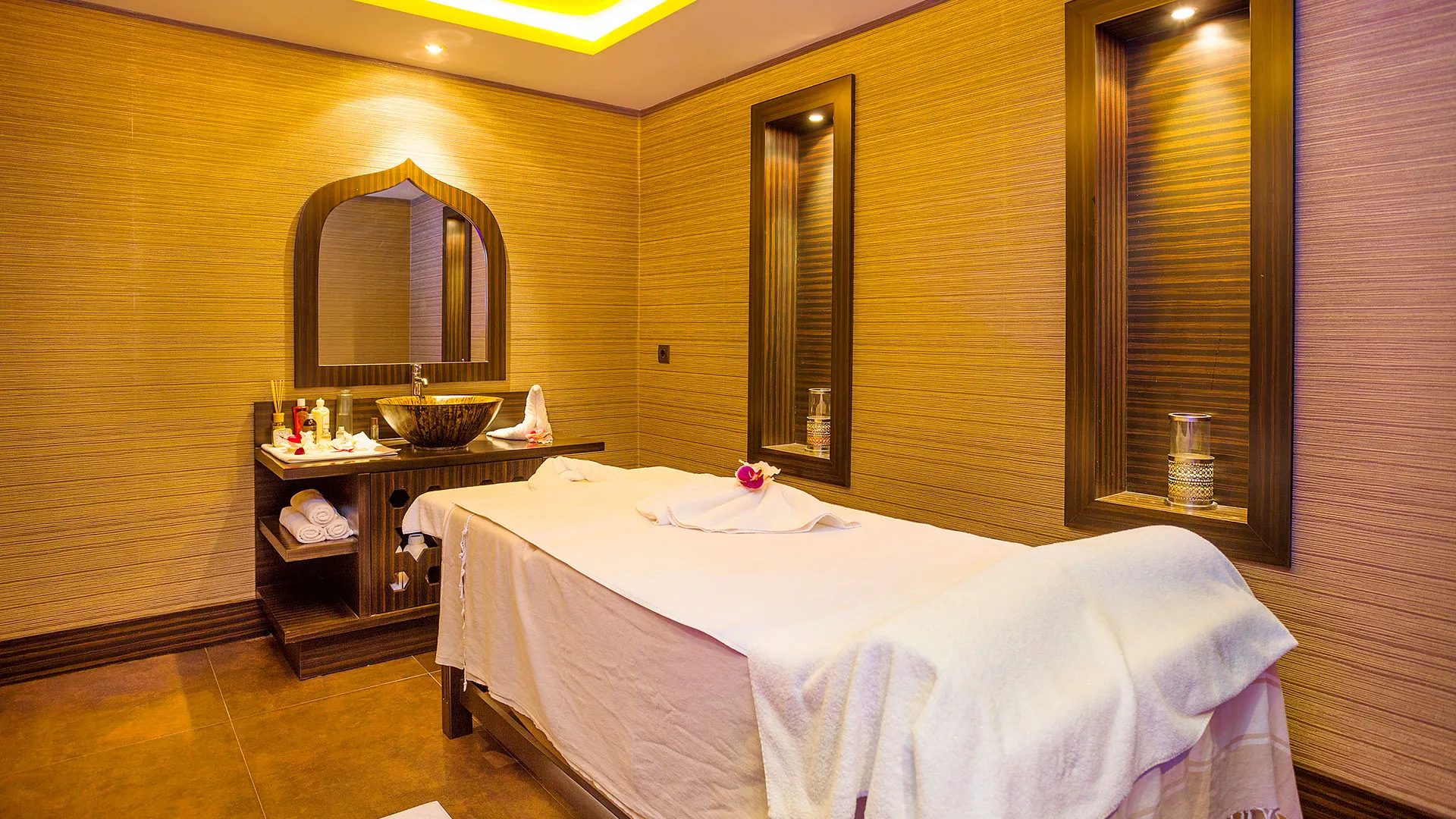 Massage room, in warm light